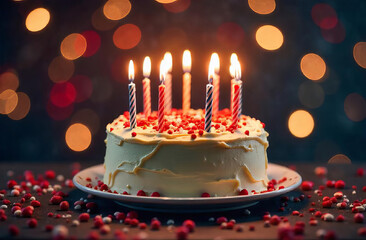 Cake with Glowing Candles on festive Background with bokeh, copy space