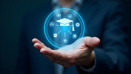 Hand Holding Glowing Digital Sphere with Graduation Cap and Education Icons