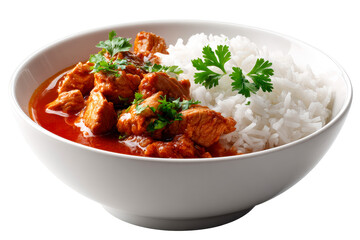 Delicious chicken curry served with fluffy white rice in bowl