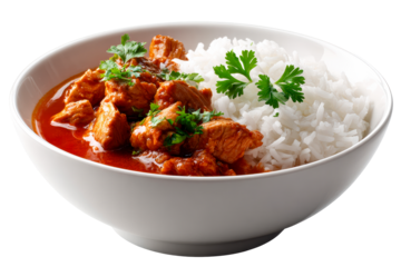 Delicious chicken curry served with fluffy white rice in bowl