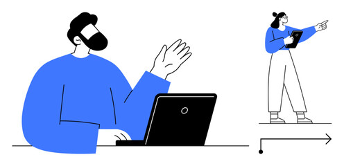 Person using a laptop gestures while another stands, pointing and holding a tablet. Ideal for teamwork, communication, collaboration, remote work, leadership, project planning, simple landing page