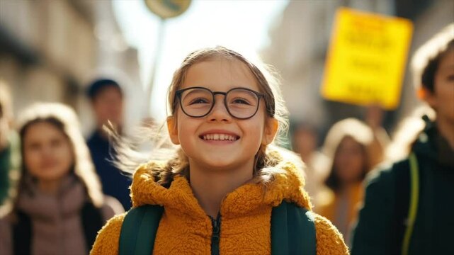 Smiling girl in protest march