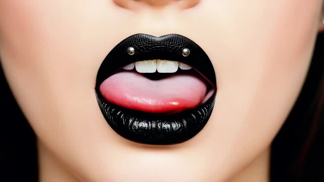 Bold beauty expression with striking black lips and playful tongue