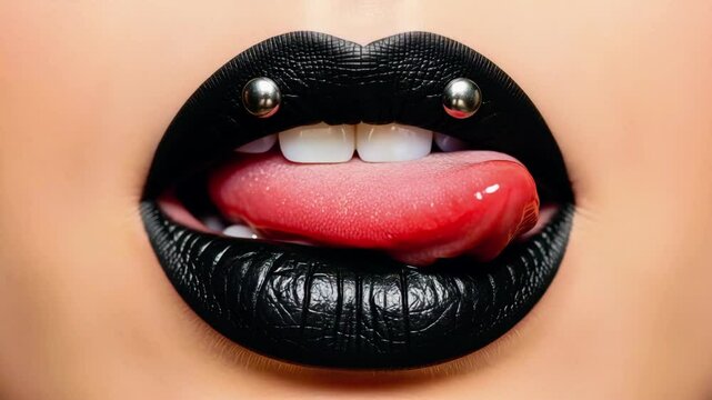 Unique lip art showcasing bold black lipstick and body piercing in an artistic close-up