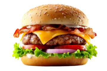 Delicious cheeseburger with bacon and fresh vegetables on a bun