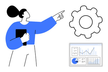 Woman holding tablet points to gear, symbolizing workflow and progress. Includes dashboard with analytics charts. Ideal for business, data, teamwork, innovation, optimization, growth simple landing