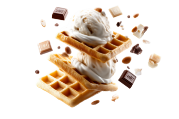 Waffle dessert with creamy ice cream and chocolate bits