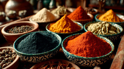 Flat lay of Indian spices in small bowls arranged in a circle