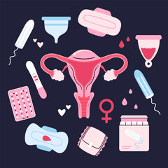 Set of Women Menstruation Element Flat Illustration Including pads, tampon, pills, menstrual cups, pregnancy test etc