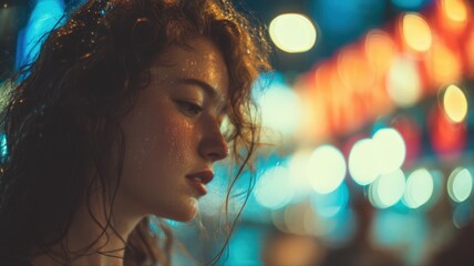 Soft Focus Portrait of a Girl with Sparkles in Her Hair Against a Colorful Night Background