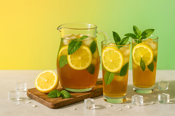 Fototapeta premium Refreshing Iced Tea with Lemon and Mint for Summer Relaxation