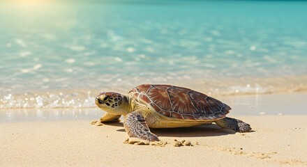 Majestic Sea Turtle Gracing a Pristine Tropical Beach at Sunrise