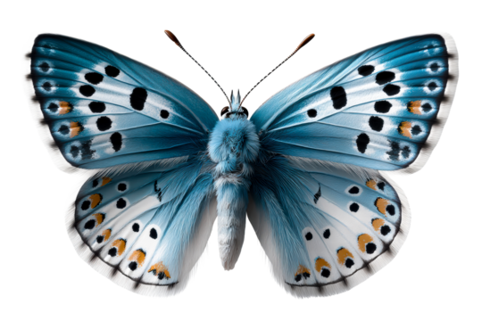 Bright blue butterfly with black and orange markings resting