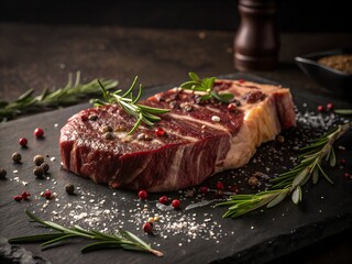 Raw Ribeye Steak with Herbs and Moody Background