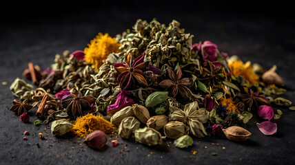 Colorful herbal tea blend with various spices and herbs on dark background.