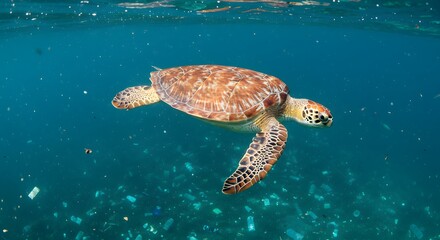 Obraz premium Sea Turtle Swimming in a Sea of Plastic Pollution: A Call for Ocean Conservation