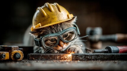 A focused cat wearing a helmet and goggles, working with metal and sparks in a workshop
