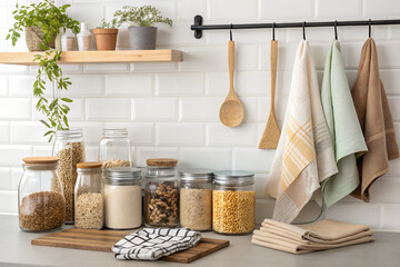 A zero-waste kitchen featuring glass jars, wooden utensils, fabric towels, and eco-friendly packaging. Ideal for sustainability blogs, minimal living, and lifestyle branding.