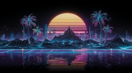 This abstract retro sci-fi grid embodies the essence of vintage cyberpunk, with its bold 80's and 90's neon colors, and a mesmerizing blend of night and sunset, all presented in a distinctive retro