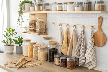 A zero-waste kitchen featuring glass jars, wooden utensils, fabric towels, and eco-friendly packaging. Ideal for sustainability blogs, minimal living, and lifestyle branding.