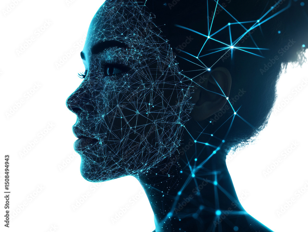 Poster artificial intelligence representation of a female face with glowing network