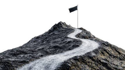 A rugged mountain path leads to the summit where a lone flag flutters