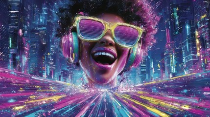 Within a futuristic city's augmented reality, a female gamer's virtual avatar dons a VR headset to venture into the immersive world of the metaverse