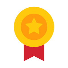 Gold medal with star and red ribbon. Premium Vector. Award Medal Sticker Label. First Place Award, Quality Assurance, Quality Certificate, Best. Vector illustration isolated on transparent background