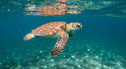 Obraz premium Sea Turtle Swimming in a Polluted Ocean: A Plea for Marine Conservation