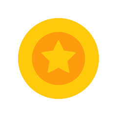 Round golden badge with star. Award, medal, trophy badge. Gold medal icon with star. Concept of reward, victory, gain, competition. Vector illustration isolated on transparent background