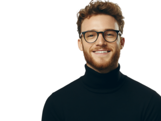 Cheerful redhead man with glasses on white background wearing black shirt