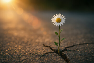 Resilient Daisy Growing Through Cracks in Asphalt at Sunset