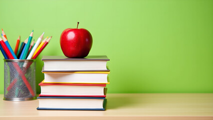 Study Scene with Red Apple on Books and Cup of Colorful Pencils