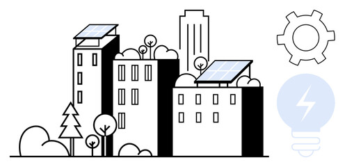 Urban buildings with rooftop solar panels, trees, and clean energy icons. Ideal for sustainability, green energy, renewable resources, environmental conservation, eco-friendly solutions, urban