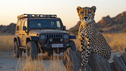 A cheetah (Acinonyx jubatus) sitting on a tree trunk in the evening sun, AI generated