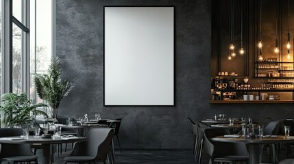 Interior of a modern restaurant with a blank poster and tables set for dining in dark tones