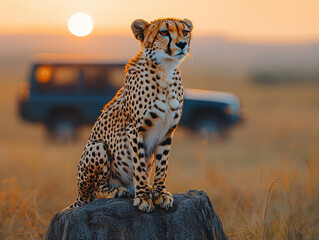 A cheetah (Acinonyx jubatus) sitting on a tree trunk in the evening sun, AI generated