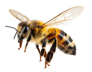 Honeybee in flight, detailed view against white
