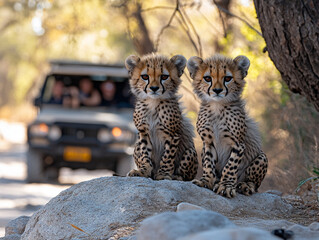 A cheetah (Acinonyx jubatus) sitting on a tree trunk in the evening sun, AI generated
