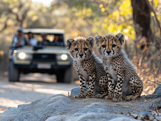 A cheetah (Acinonyx jubatus) sitting on a tree trunk in the evening sun, AI generated
