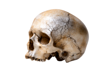 Realistic human skull on transparent background for educational use