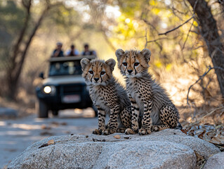 A cheetah (Acinonyx jubatus) sitting on a tree trunk in the evening sun, AI generated