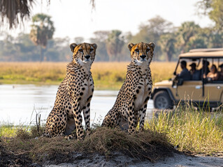 A cheetah (Acinonyx jubatus) sitting on a tree trunk in the evening sun, AI generated