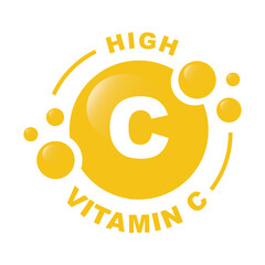 High content of vitamin C, atom structure with inscription - vector, icon.
