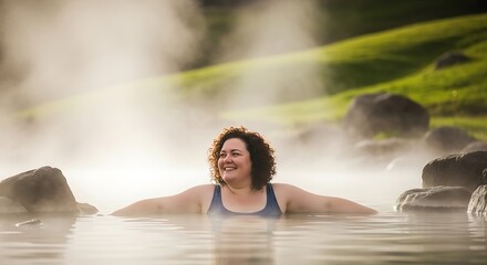 Smiling Woman Relaxing in a Natural Forest Hot Spring