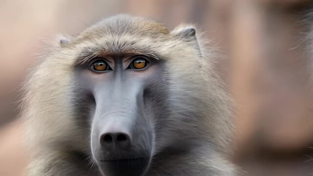 Two olive baboons gaze attentively in a close-up, revealing their detailed facial features and expressive eyes, creating an intimate animal portrait.