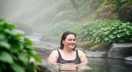 Plus Size Woman Enjoying Thermal Pool in the Jungle