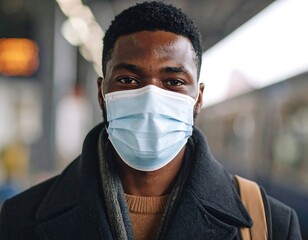 Close-up portrait of a man wearing a face mask, standing indoors