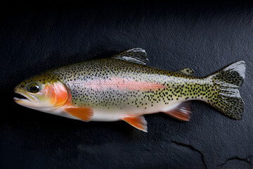 Freshly caught rainbow trout fish displayed on a dark slate surface, showcasing vibrant colors and intricate patterns, emphasizing its natural beauty and freshness for culinary purposes