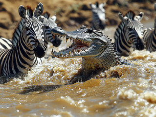 a crocodile attacks with open jaws a group of wildebeest and zebras as they cross a wide river in Tanzania during the great migration , ai generated